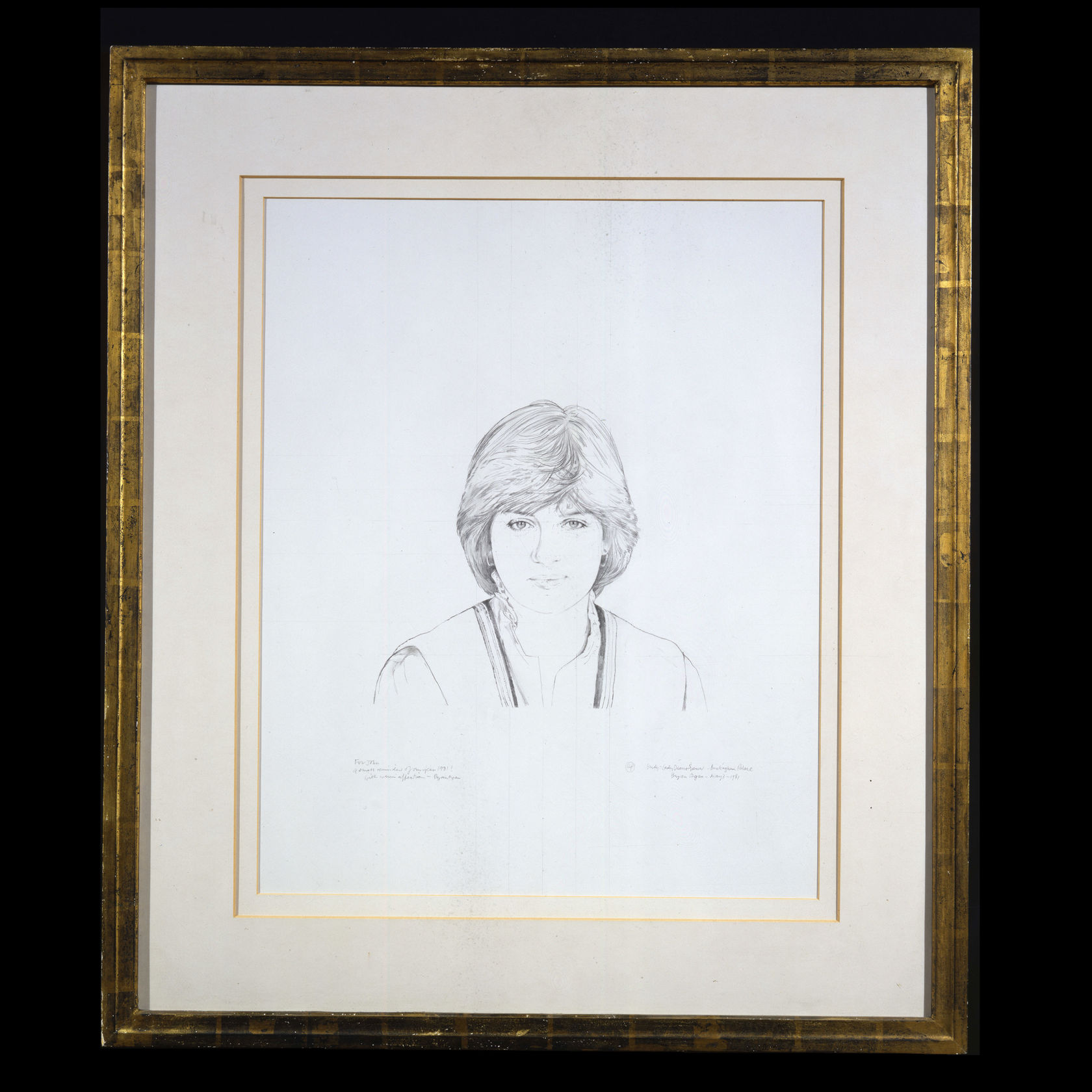 Signed and dated ‘Study- Lady Diana Spencer- Buckingham Palace / Bryan Organ- May 3- 1981’ lower right  Further inscribed ‘For John/ a small reminder of our year 1981! / with warm affection Bryan Organ’ lower left  Pencil on paper  24 x 19 in. (62 x 49.4 cm)