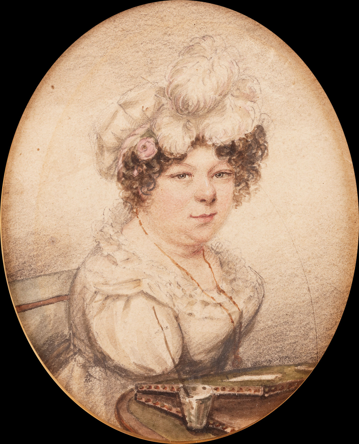Biffin wore her wedding ring on a chain around her neck.  Attributed to Sarah Biffin, A portrait of Sarah Biffin at her painting slope, c. 1825.  Watercolour and pencil on card Oval, 4 in. (10 cm) high.  National Portrait Gallery, London.