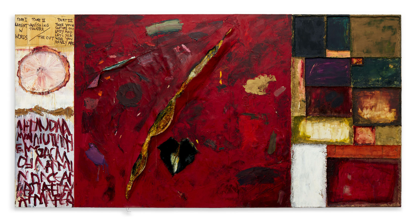 Joan Snyder Vanishing Theatre/The Cut, 1974 Oil, acrylic, paper mache, thread, fake fur, paper, chicken wire on canvas 152.4 x...