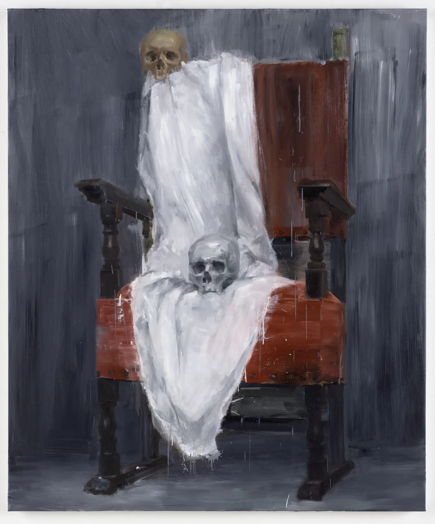 Yan Pei-Ming 严培明, Installation, Chaise de pape et crânes《装置作品，教皇的椅子和头骨》, 2020