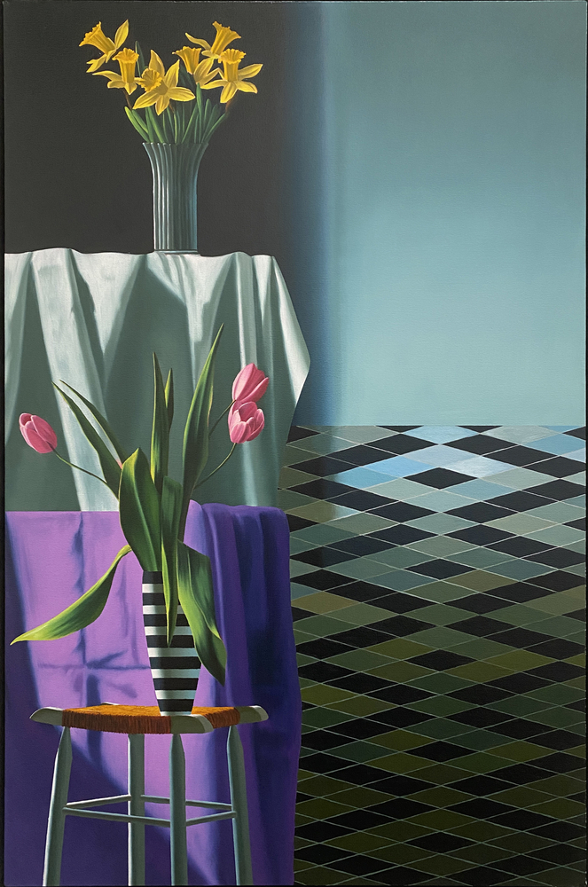 Interior with Two Table Cloths and Daffodils and Tulips