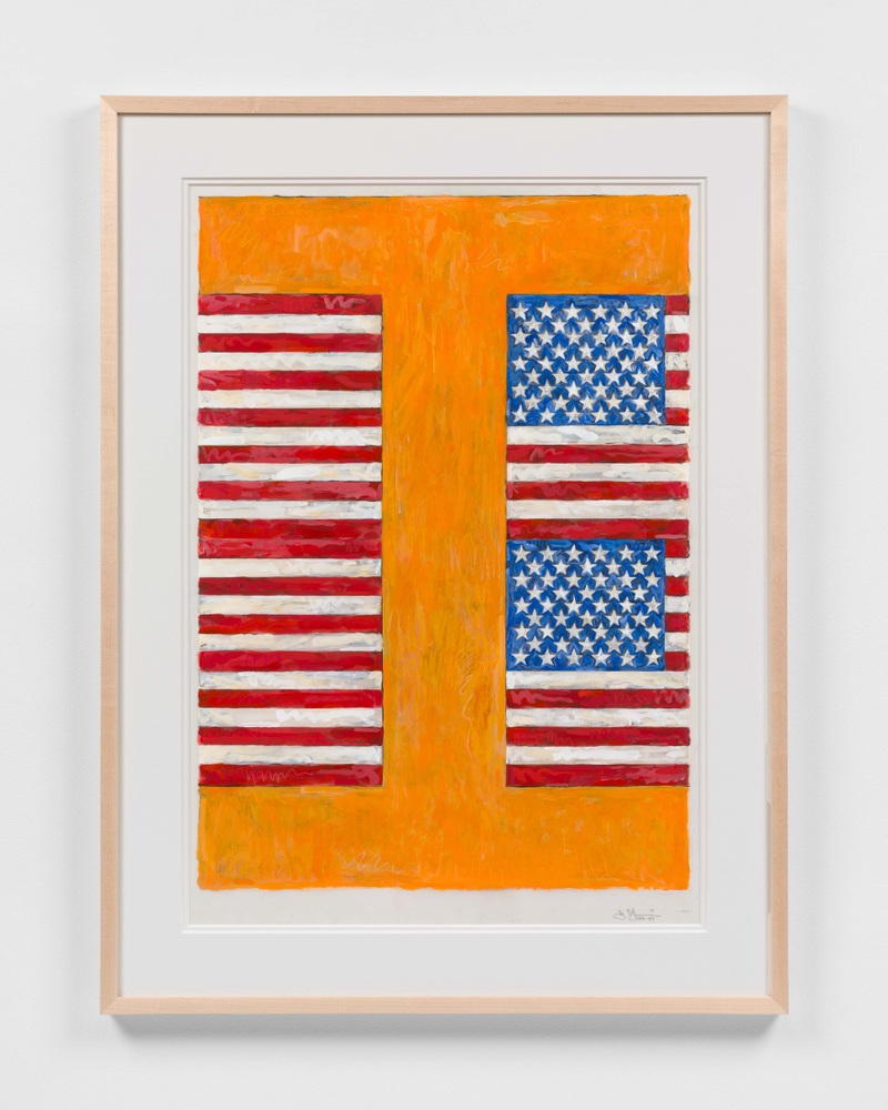 Two Flags on Orange, 1986&amp;ndash;87

Acrylic, ink, and crayon on plastic

34 1/8 x 24 inches

Private collection, New York