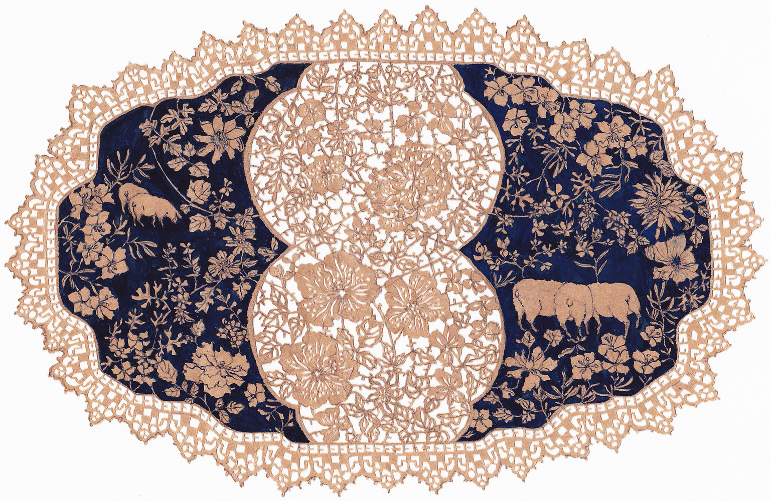 garden 2, 2013: sheep pow wow under Texas redbud tree, 2013

Gouache, graphite and cut-outs on deli-bag paper

3 3/4 x 6 inches