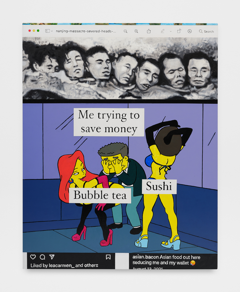 A painting by Christine Tien Wang of a meme of Simpson's character covering his eyes with women in bikinis dancing around him with text that reads "Me trying to save money" and "Bubble tea" over one woman's body and "Sushi" on the others body with a black and white photo of decapitated heads above.