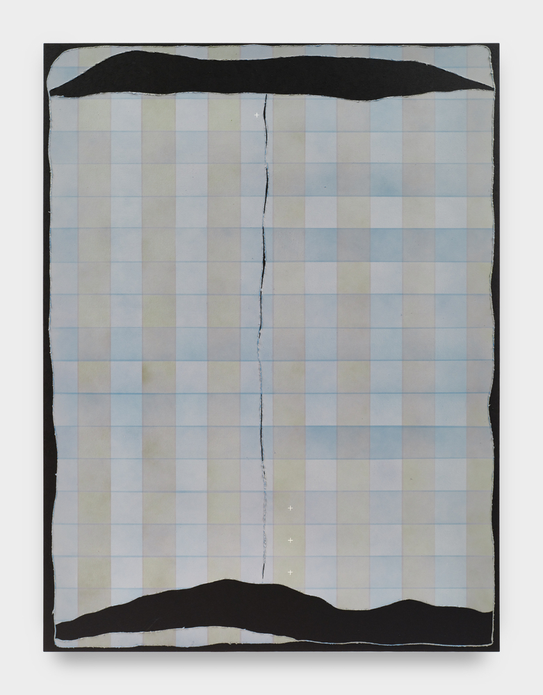 A painting by Claire Colette with a pale grid of blue and grey backgrounding with sections of deep black pigment that appear as tears in the picture plane.