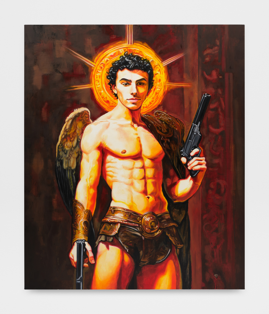 A painting by Christine Tien Wang of Luigi Mangione holding two guns with wings and a halo around his head.
