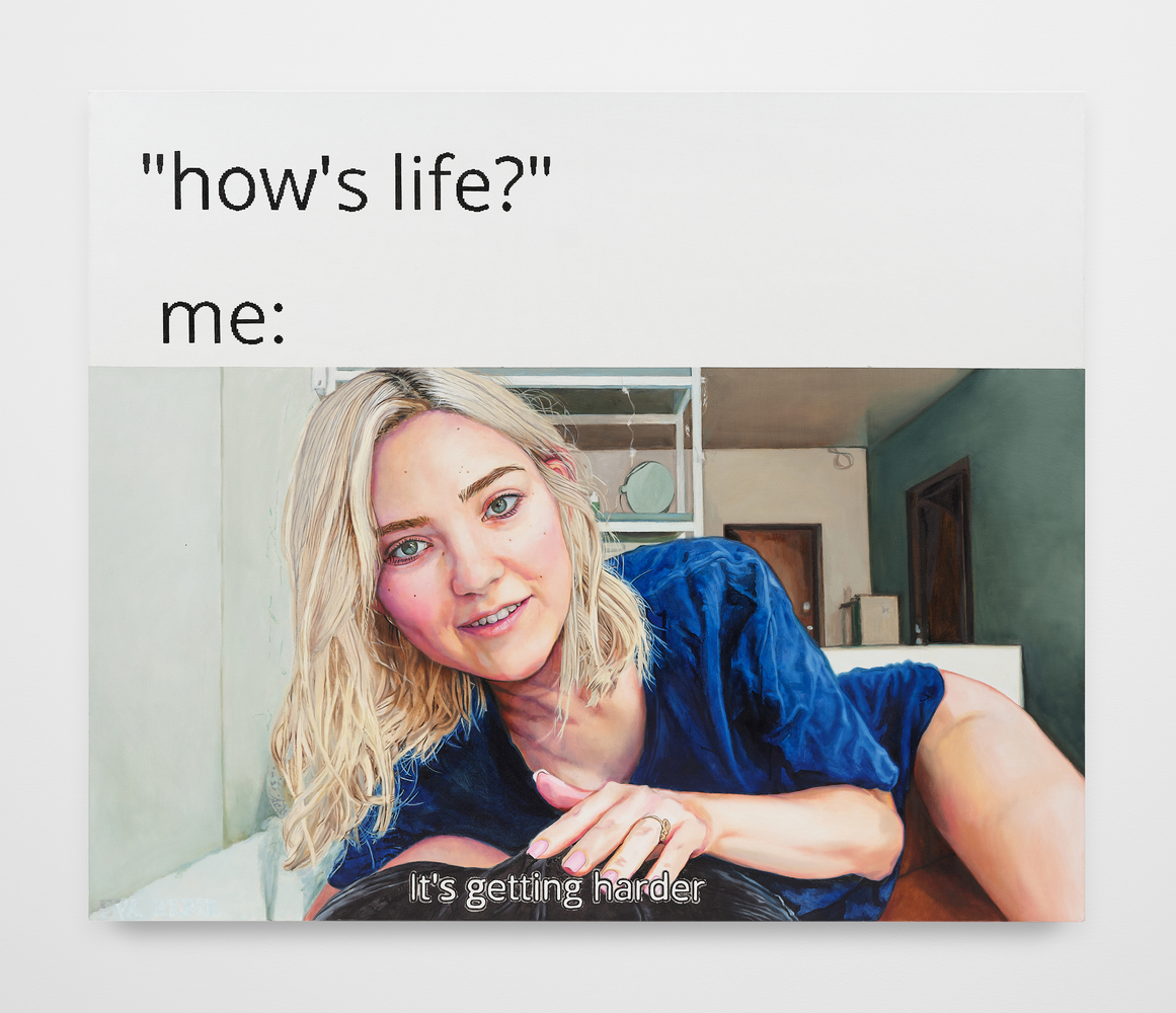 A painting by Christine Tien Wang with text that reads "How's life? Me:" above a blonde woman with her hand on bulging black underwear with text reading "It's getting harder"