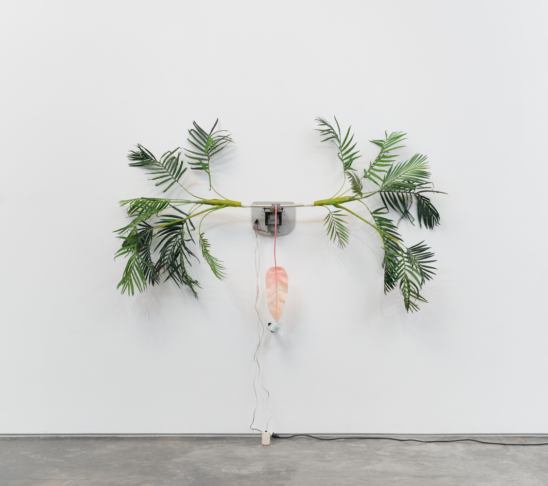 A wall mounted sculpture by Rachel Youn of plastic palm tree leaves attached to a motor that moves side to side with a pink plastic leaf attached that moves over a piece of blue glass.