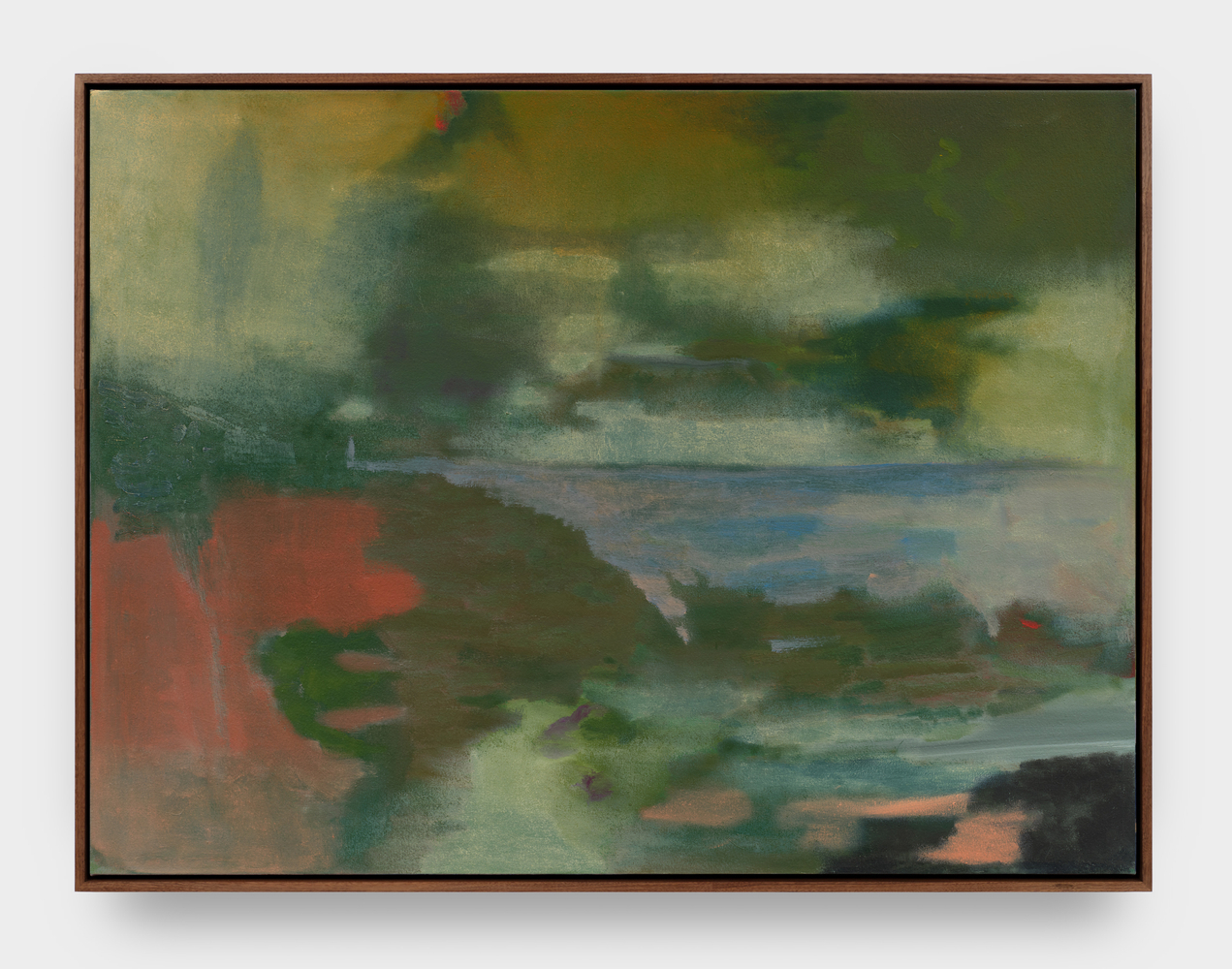 A painting by Catherine Fairbanks in layers of blue, green, red and pink washes of pigment.