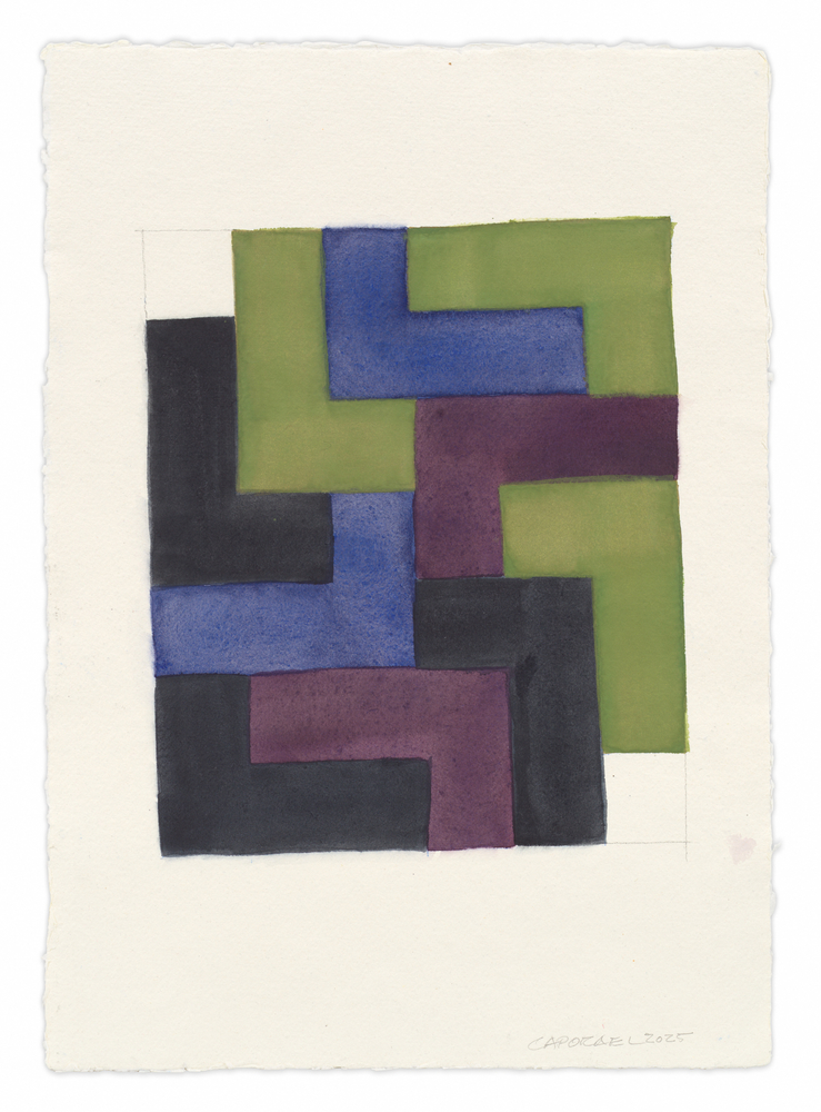 Suzanne Caporael,&amp;nbsp;Untitled (L tetrominoes with blue), 2025,
Pigment, photo retouch ink, and pencil on paper, 16 1/4 x 11 1/2 inches,
41.3 x 29.2 cm, MMG#37702