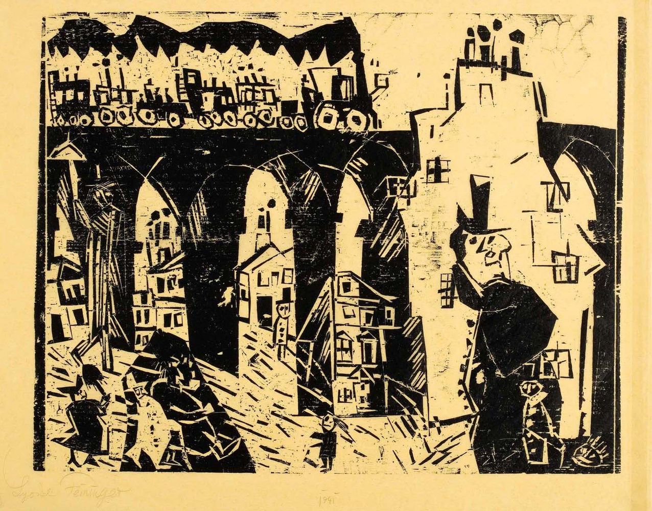 Lyonel Feininger (1871-1956)

Die Eisenbahnbr&amp;uuml;cke (Railroad Viaduct), 1919

Woodcut on yellow Kozo paper

Print: 13 1/8 x 16 3/4 in. (33.3 x 42.5 cm)

Sheet: 15 x 19 1/2 in. (38.1 x 49.5 cm)

Signed lower left: Lyonel Feininger

Inscribed lower left: ♀[reversed] X

Prasse W 163