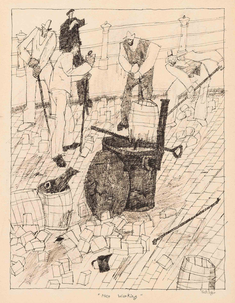 Lyonel&amp;nbsp;Feininger (1871&amp;mdash;1956)
Strassenpflasterer (Men Working), 1910

Ink and charcoal on paper

12 1/2 x 9 5/8 in. (31.7 x 24.3 cm)

Signed lower right:&amp;nbsp;Feininger

Dated bottom right:&amp;nbsp;SUNDAY APR. 3. 10

Titled lower center:&amp;nbsp;&amp;ldquo;Men Working&amp;rdquo; Strassenpflasterer

Inscribed bottom left:&amp;nbsp;X X L.F.