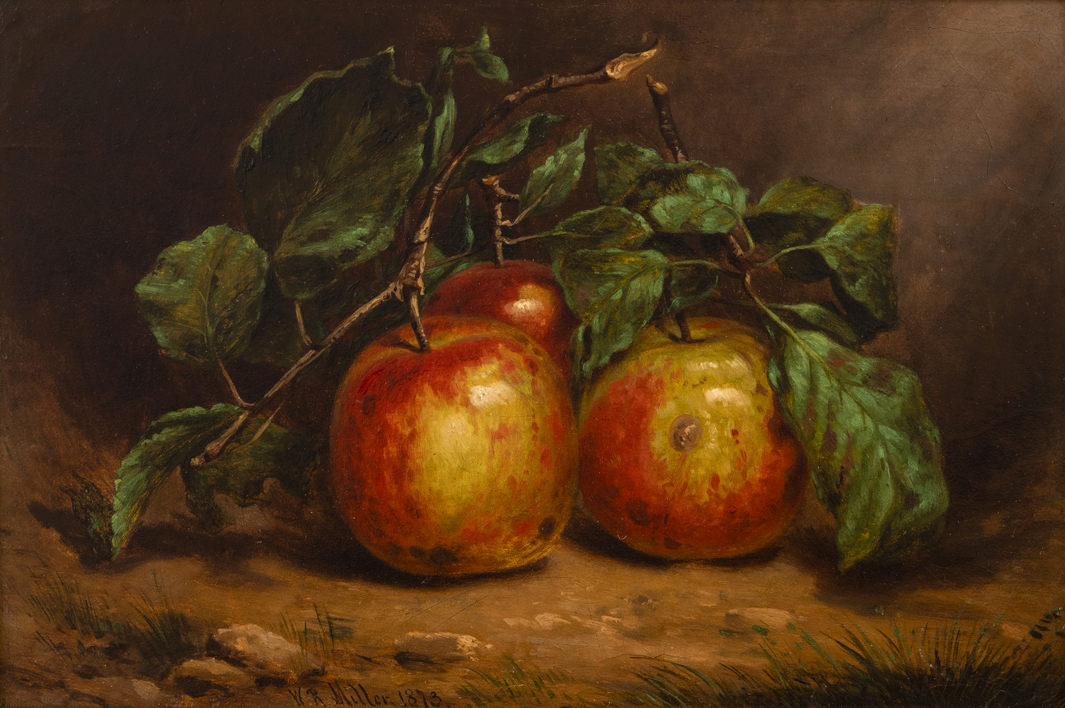 William Rickarby Miller (1816–1888), Study of Apples on a Bough, 1873, oil on board, 8 1/2 x 12 1/2 in. , signed and dated lower left: W. R. Miller 1873