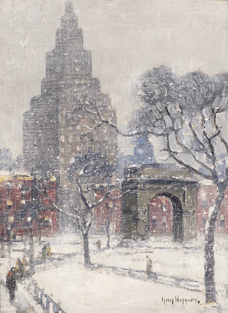 Guy Carlton Wiggins (1883–1962), Washington Square, Winter, New York, 1934, oil on canvas board, 16 x 12 in., signed lower right: Guy Wiggins, signed, dated, inscribed on verso: Washington Sq. Winter New York / Guy Wiggins / 1934