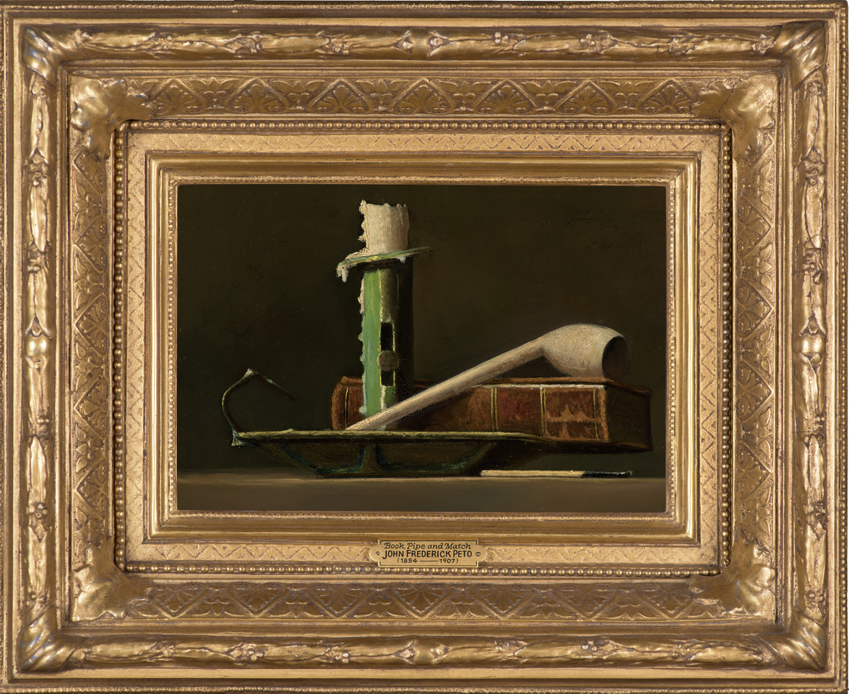 John F. Peto (1854–1907), Still Life with Green Candlestick and Book, c. 1890, oil on panel, 6 x 9 in. (framed)
