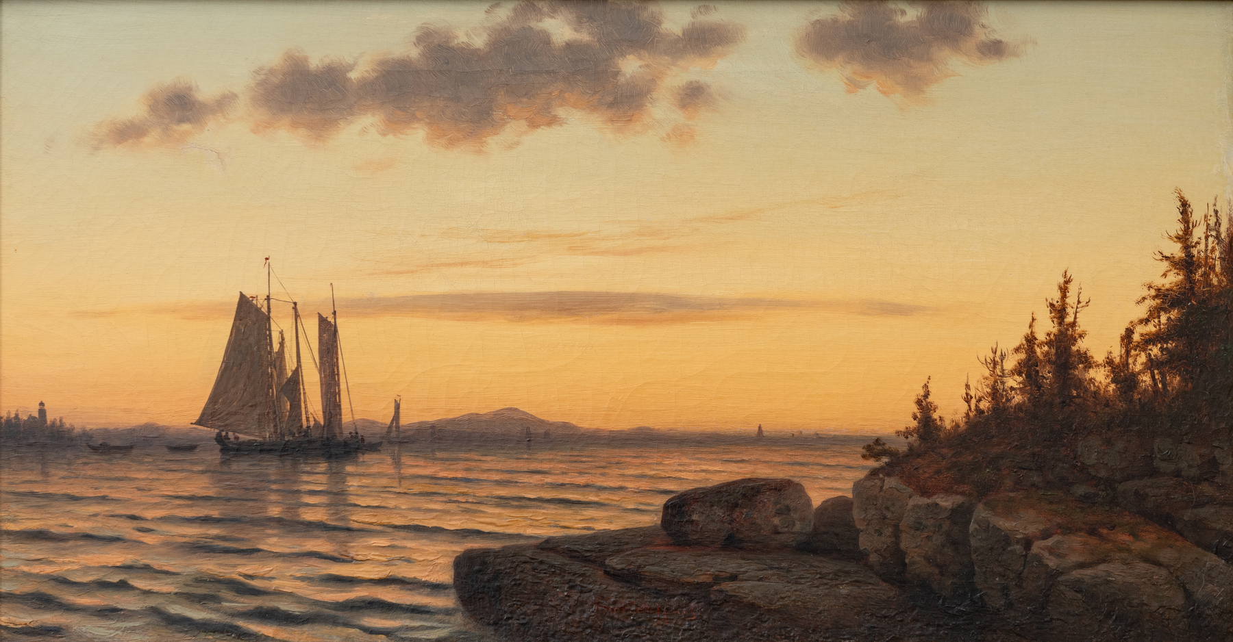 William Frederick De Haas (1830–1880). Along the Coast of Maine. Oil on canvas, 15 x 27 in.  Signed bottom center.