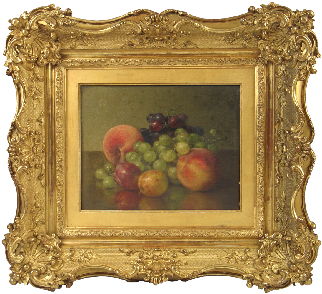 Robert Spear Dunning (1829–1905), Fruit Still Life, 1902. oil on canvas, 9 x 11 3/4 in., signed lower left: R.S. Dunning, inscribed on verso: R.S. Dunning / 1902 / Fruit  (framed)