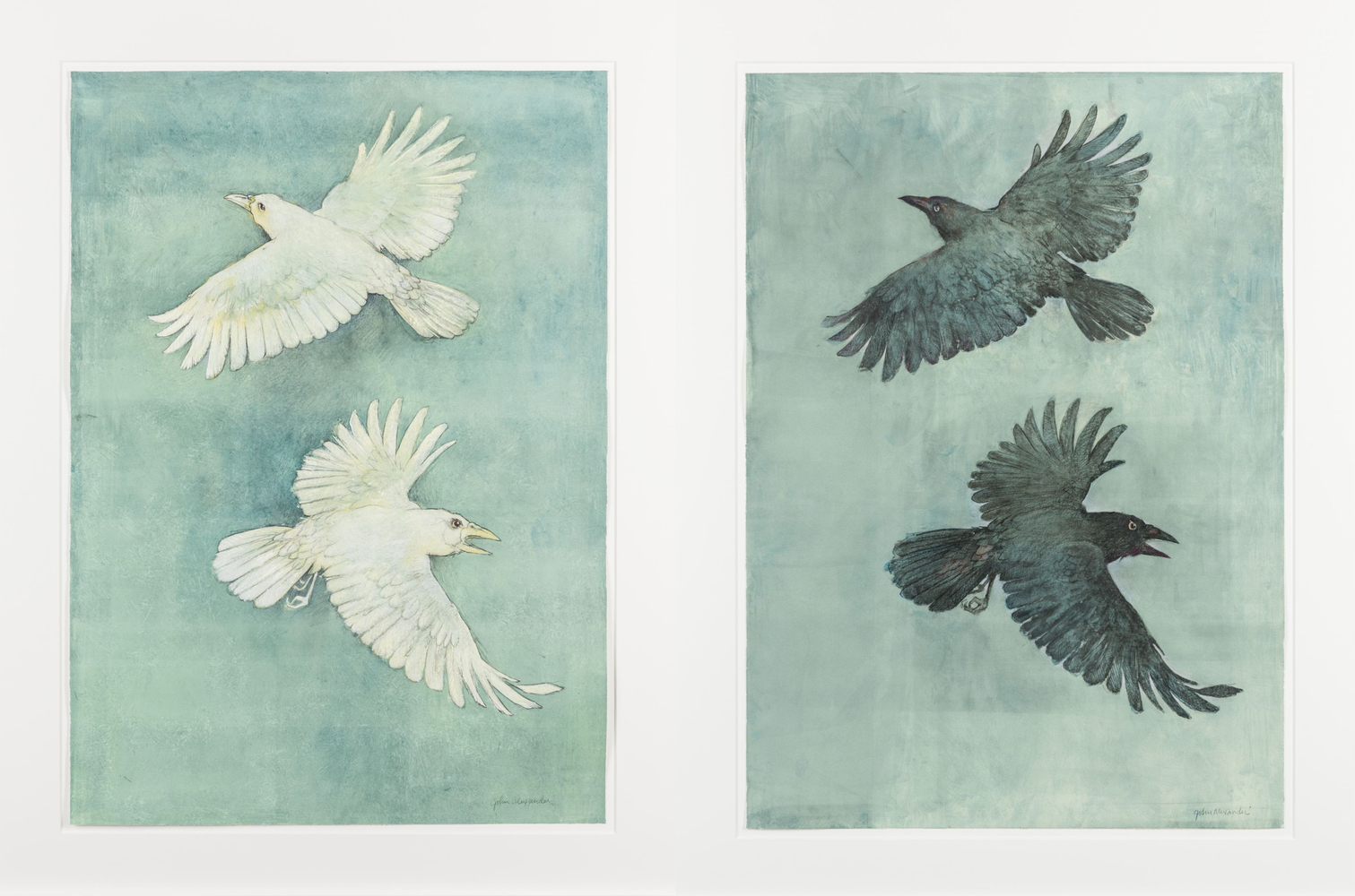 John Alexander  Albino Crows and Crows in a Fog, 2012  pair of monotypes from steel and aluminum plates with hand-coloring  paper: 36 x 25 1/2 inches  frame: 43 x 32 inches  both signed bottom right front  Print Studio: Pace Prints  $30,000