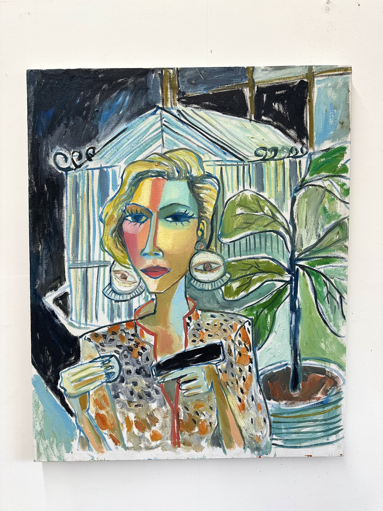 Cruz Ortiz Olivia on the phone with Freddy &amp; John getting her portrait done on instagram live, 2020 oil and wax on canvas 26 x 32 inches