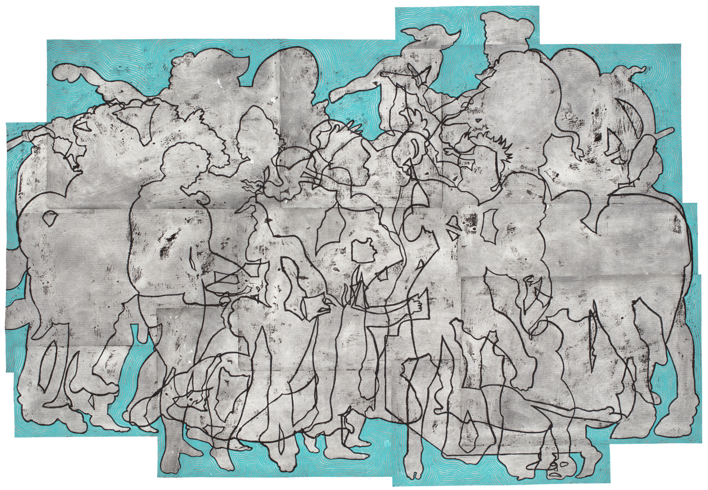 Bo Joseph  Reunion at the Cult of Absence, 2020  oil pastel, acrylic and tempera on joined paper  paper: 55 5/8 x 80 1/8 inches  signed, titled and dated 6/5/2020 on reverse $25,000