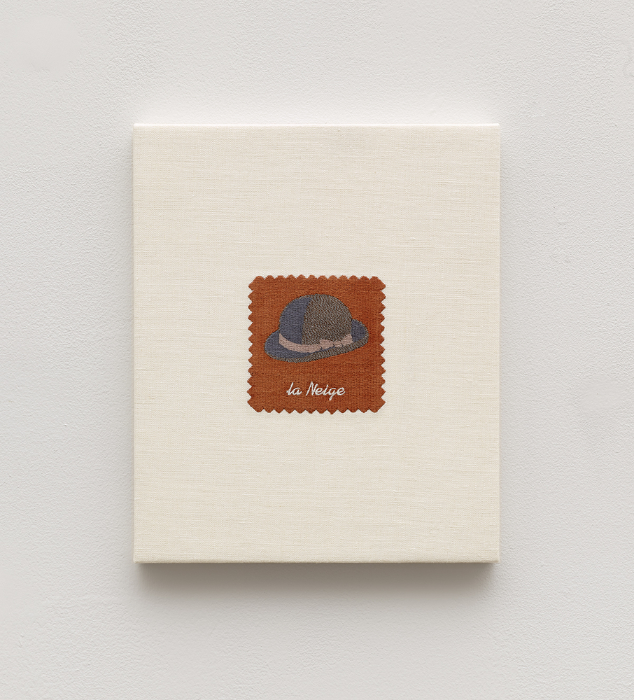 Elaine Reichek Swatch, Magritte, 2006 digital embroidery on linen 12 x 10 inches