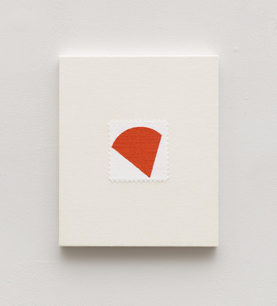 Elaine Reichek Swatch, Kelly, 2006, digital embroidery on linen 12 x 10 inches