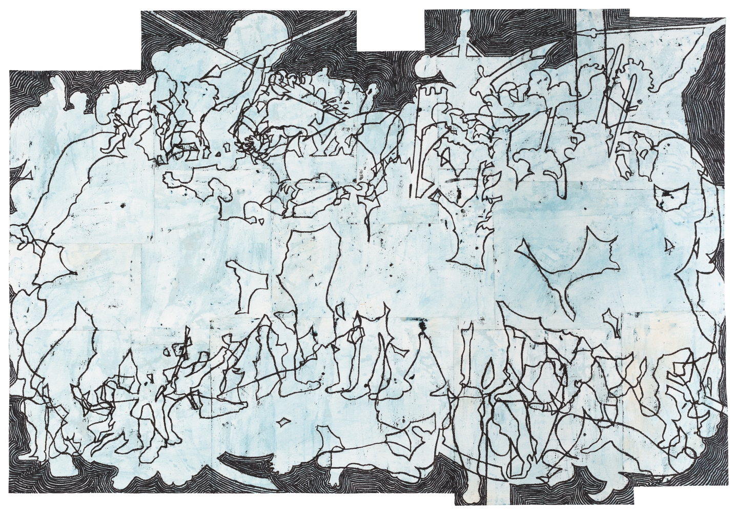 Bo Joseph  Colony Collapse, 2019  oil pastel, acrylic and tempera on joined paper  paper: 55 3/4 x 80 5/8 inches  frame: 61 5/8 x 80 1/4 inches  signed, titled and dated 5/6/19 on reverse