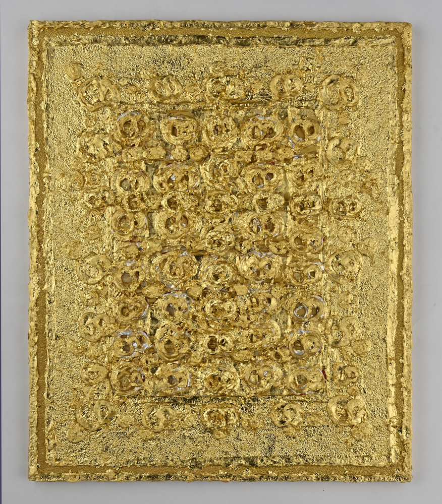 Keiko Moriuchi  Donut Peach, 2024  acrylic paint, 24k gold leaf, glass beads  28 3/5 × 23 4/5 inches