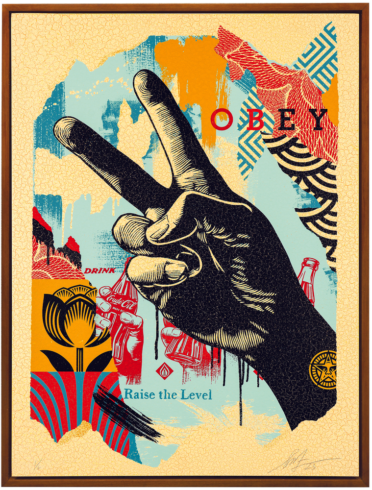 Shepard Fairey Radical Peace Collage (Raise the Level (Peace)), 2023 silkscreen on wood panel panel: 18 x 24 inches frame: 19 1/2 x 25 1/2 inches