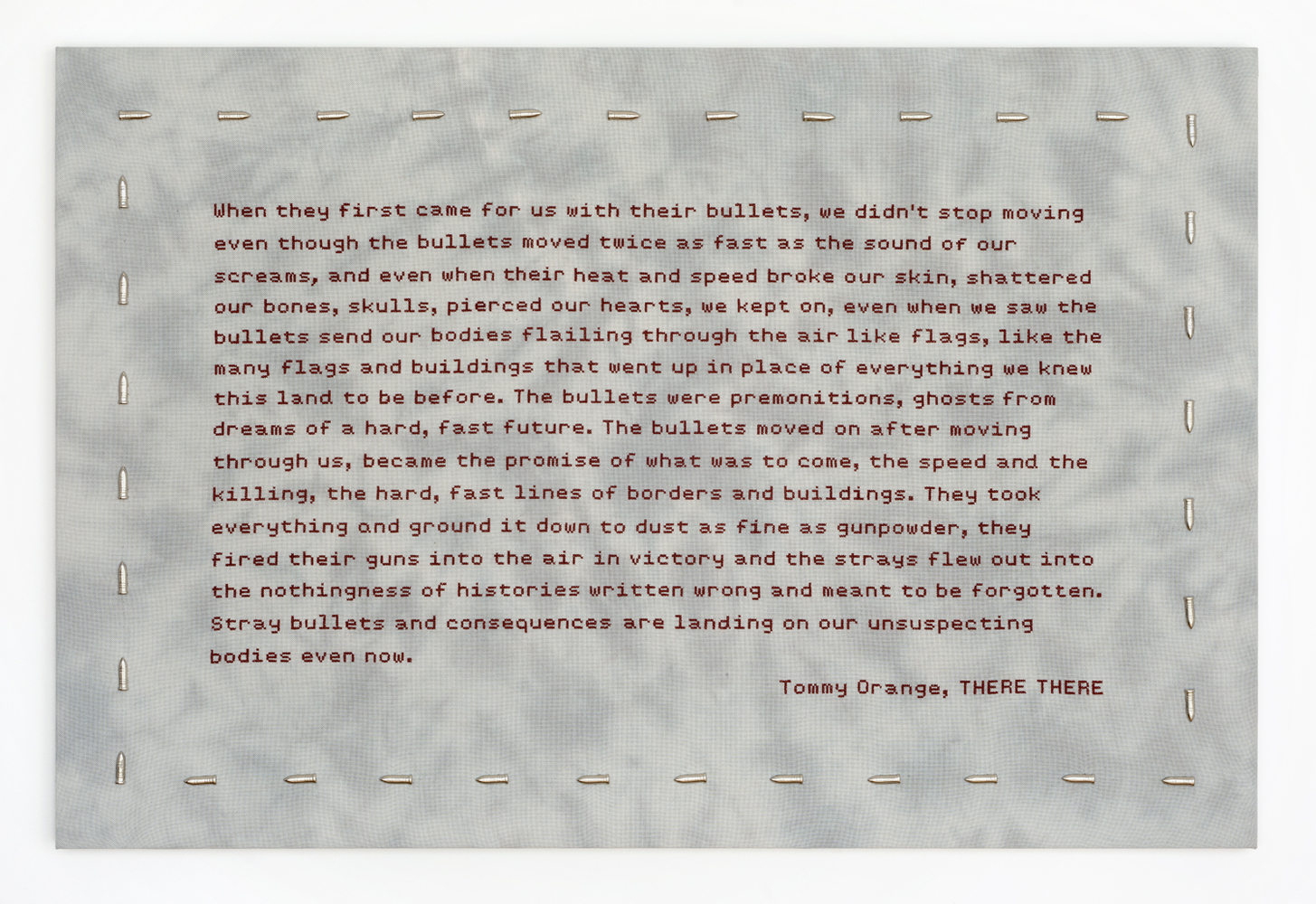 Elaine Reichek When They First Came for Us, 2019 hand embroidery with metal studs on linen 28 x 42 inches