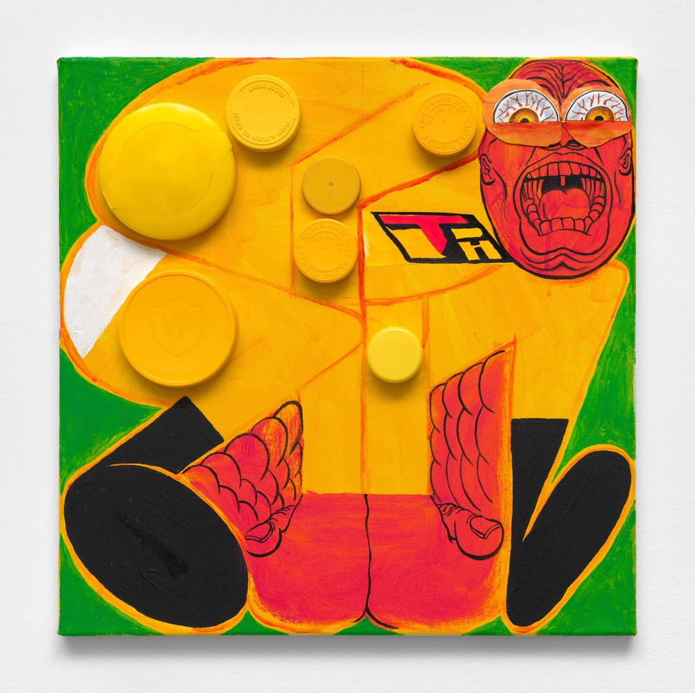 Trenton Doyle Hancock Good Gets in the Way of Better, 2024 acrylic, paper and canvas collage, plastic bottlecaps on canvas 18 x 18 inches