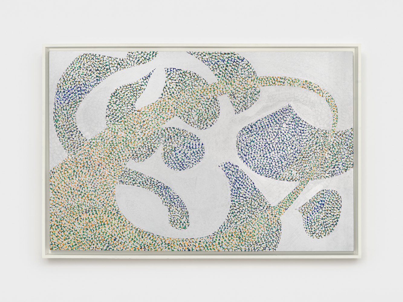 Macrocosm-Microcosm of the Free Fall, 1969
Acrylic, oil and metallic paint on canvas
47 x 71 1/2 inches (119.4 x 181.6 cm)