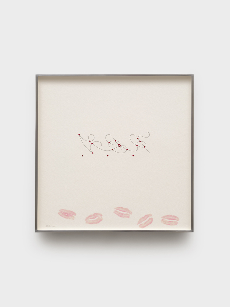 RBG with Kisses, 2021
Graphite, acrylic and oil stick on pierced paper
15 x 15 inches (38.1 x 38.1 cm)