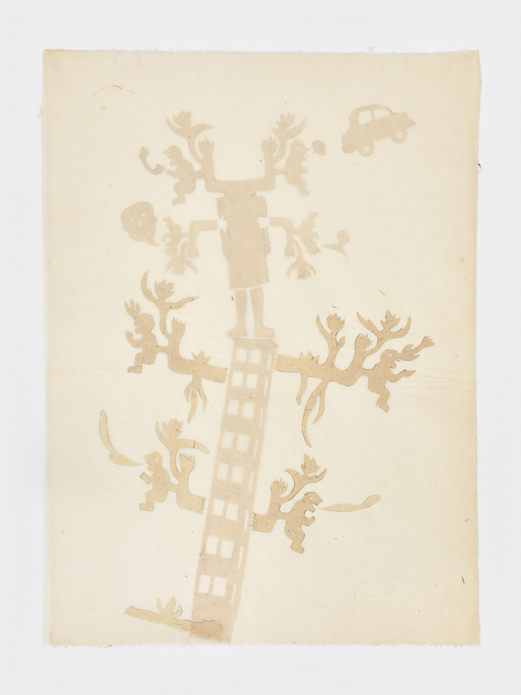 Layered collage featuring a headless human form atop a building