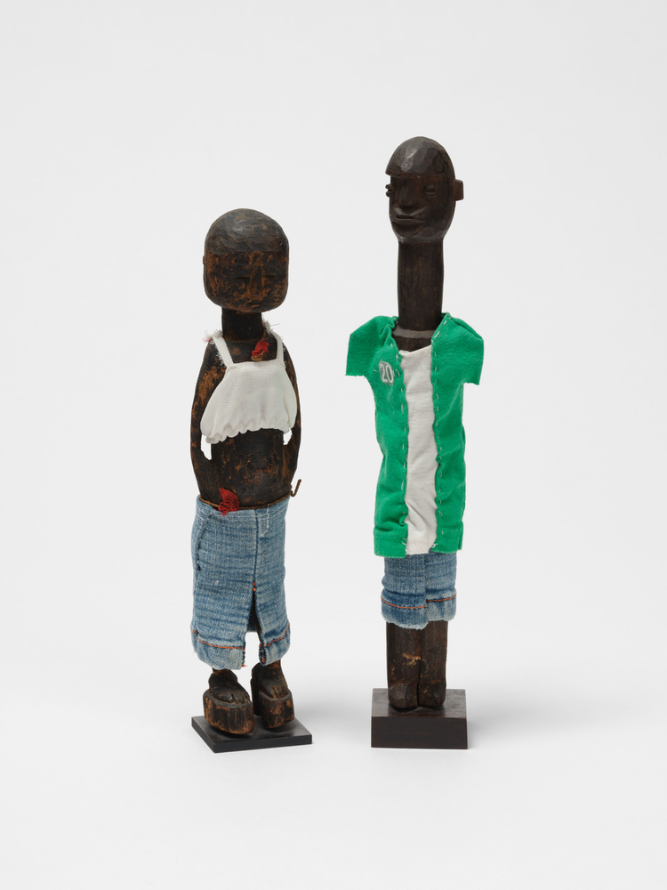 Ralph Lemon
Consecration of Ancestor Figures #9 and #10, 2015
carved wood and textile
#9: 13 x 2 1/1 x 2 1/2 in. (33 x 7.6 x 6.4 cm)

#10: 15 x 2 1/2 x 2 1/2 in. (38.1 x 6.4 x 6.4 cm)

costume production: Giovanna Flores