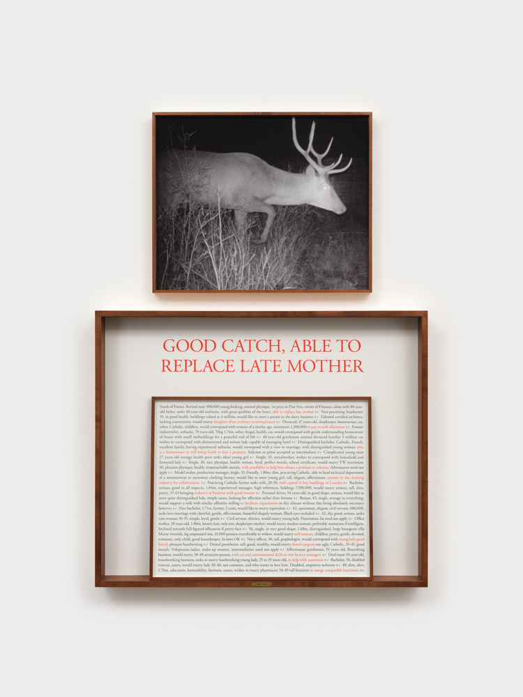 Sophie Calle  On the Hunt, Men Seeking Women 1950–1960 (Good Catch, Able to Replace Late Mother), 2024  one text panel and two photographs (color, black and white) in a double-sided frame  text panel (outer frame): 26 3/8 x 31 7/8 in. (67 x 81 cm)  text panel (inner element): 17 3/4 x 21 5/8 in. (45 x 55 cm)  photograph, framed: 17 3/4 x 21 5/8 in. (45 x 55 cm)  Edition 1 of 3 (English), 1 AP