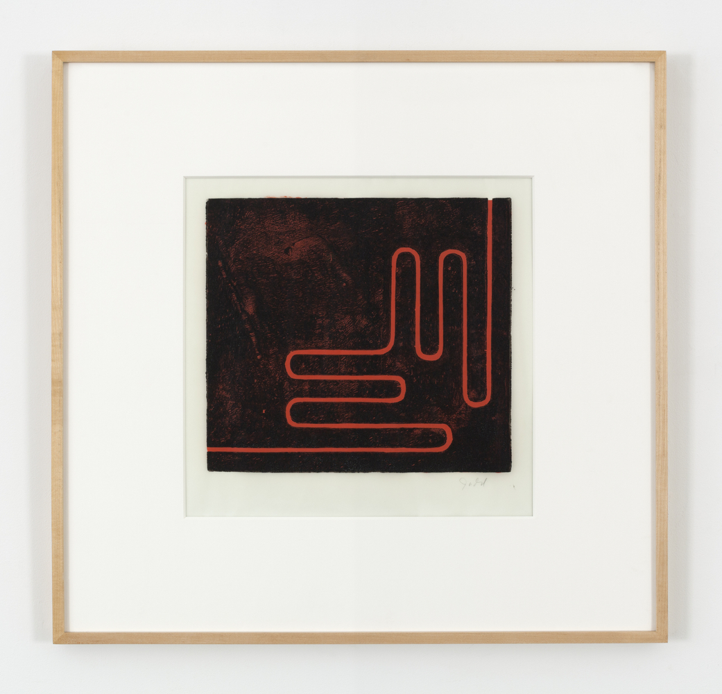 Donald Judd  Untitled (Print H), 1961-1978  woodcut in black with cadmium red oilpaint on the reverse, on Frostlite vellum paper  paper: 20 5/8 x 25 1/16 in. (52.3 x 63.5 cm)  image: 12 x 13 1/4 in. (30.5 x 33.7 cm)  frame: 26 x 27 x 1 1/4  in. (66 x 68.6 x 3.1 cm)  Edition 10 of 25  printed by Roy C. Judd, Published by Galerie Heiner Friedrich, Munich  signed recto lower right “Judd” and on verso “RCJ”
