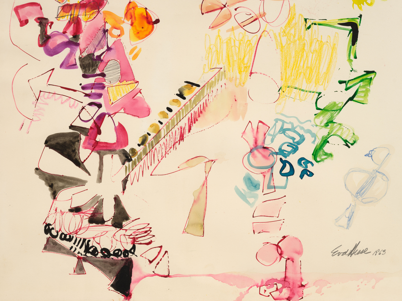 Eva Hesse
No title, 1963
black and colored ink, watercolor, crayon, and pencil on paper; frame made by Sol LeWitt
22 3/8 x 28 1/2 in. (56.8 x 72.4 cm)

signed and dated recto