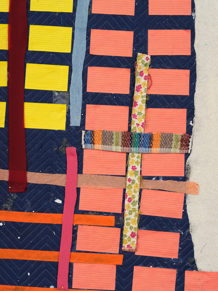 Eric N. Mack

Cut the Cameras, 2022

muslin, wool, polyester, silk, packing blanket, index cards, denim, wool scarf, pins, printed photograph, and ribbon

stretcher: 85 x 48 in. (215.9 x 121.9 cm)