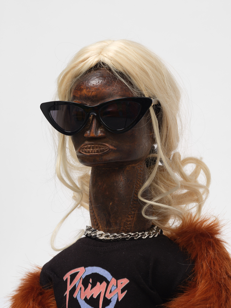 Ralph Lemon  Consecration of Ancestor Figures #13 and #14, 2024  carved wood and textile  #13: 28 x 9 x 5 in. (71.1 x 22.9 x 12.7 cm)  #14: 36 x 6 x 6 in. (91.4 x 15.2 x 15.2 cm)  costume production: Naoko Nagata