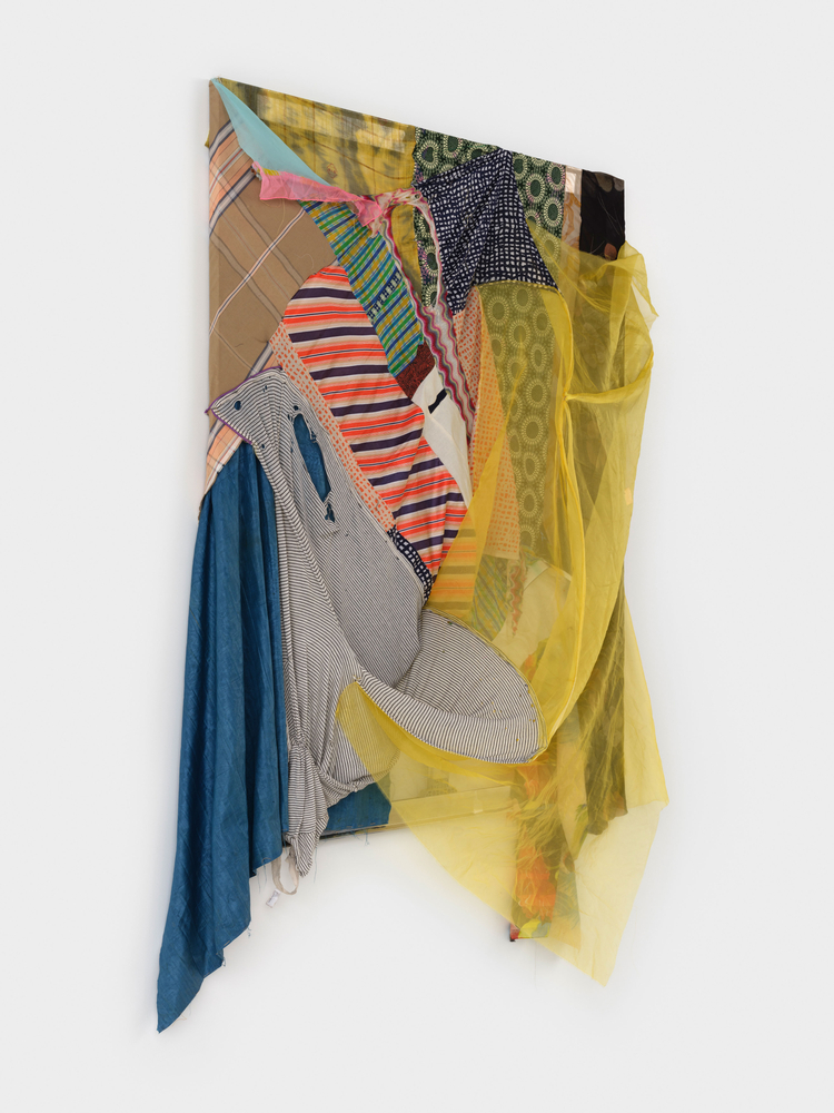 Eric N. Mack
If I Knew Then (What I Know Now), 2024
silk, polyester, acrylic scarves, dyed cotton scarf, missoni knit, American Apparel shirt, and corset boning on aluminum stretcher bar
stretcher: 60 x 49 in. (152.4 x 124.5 cm)

overall: 80.5 x 54 x 14.5 in. (204.5 x 137.2 x 36.8 cm)