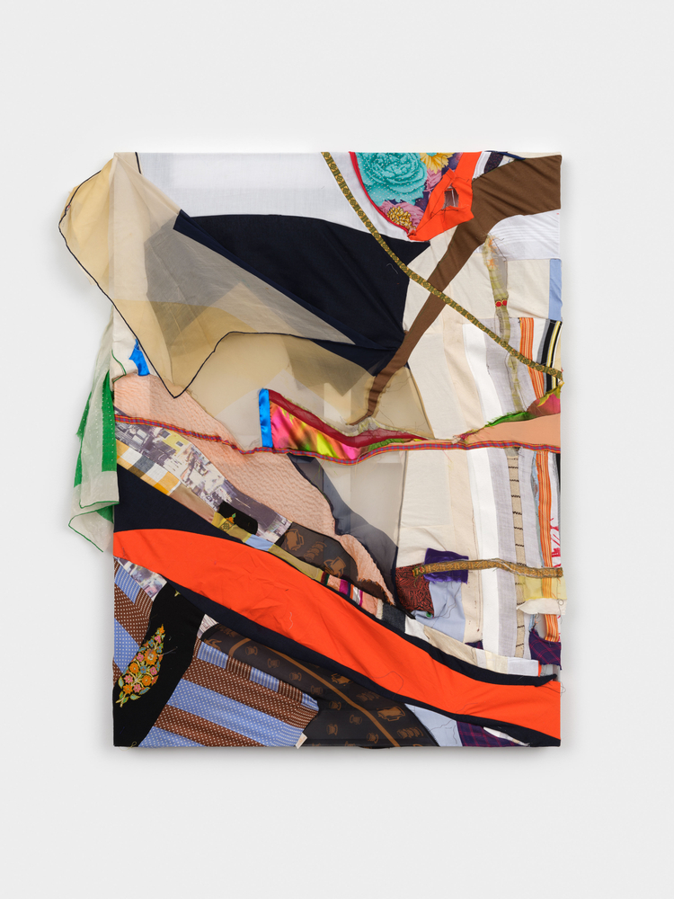 Eric N. Mack  Not magic or nor madness, Just the elements I styled, 2023  silk scarves, embroidered wool, polyester, cotton, muslin, polyester ribbon on aluminum stretcher bar  stretcher: 40 x 30 in. (101.6 x 76.2 cm)  overall: 46 x 31 x 4 in. (116.8 x 83.8 x 10.2 cm)  signed verso