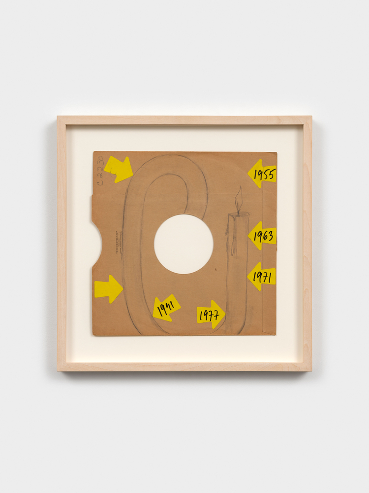 Christian Marclay

Untitled, 1991

pencil and collage on record sleeve

12 5/16 x 12 3/8 inches (31.3 x 31.5 cm)

frame: 17 x 17 x 1 1/2 in. (43.2 x 43.2 x 3.8 cm)

artist signature and date verso