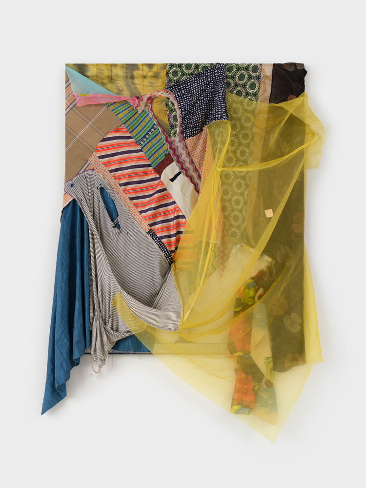 Eric N. Mack
If I Knew Then (What I Know Now), 2024
silk, polyester, acrylic scarves, dyed cotton scarf, missoni knit, American Apparel shirt, and corset boning on aluminum stretcher bar
stretcher: 60 x 49 in. (152.4 x 124.5 cm)

overall: 80.5 x 54 x 14.5 in. (204.5 x 137.2 x 36.8 cm)