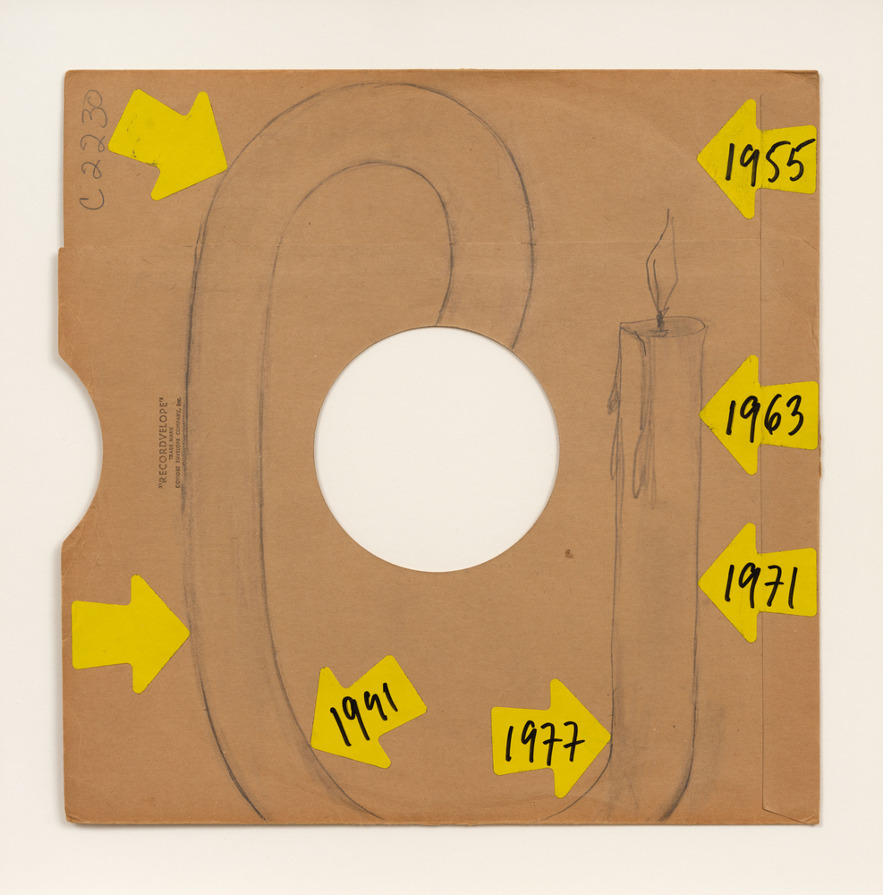 Christian Marclay

Untitled, 1991

pencil and collage on record sleeve

12 5/16 x 12 3/8 inches (31.3 x 31.5 cm)

frame: 17 x 17 x 1 1/2 in. (43.2 x 43.2 x 3.8 cm)

artist signature and date verso