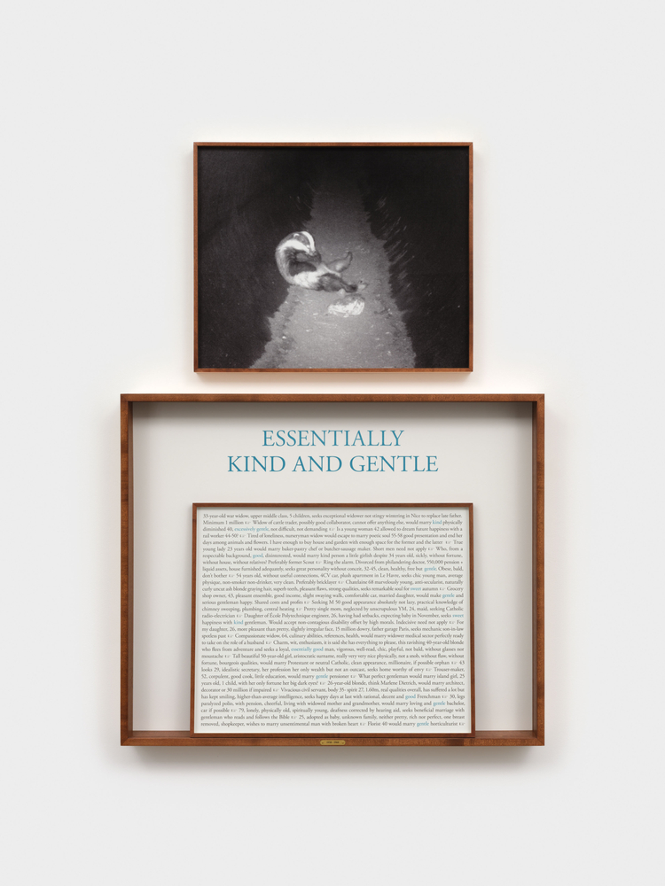 Sophie Calle  On the Hunt, Women Seeking Men 1950–1960 (Essentially Kind and Gentle), 2024  one text panel and two photographs (color, black and white) in a double-sided frame  text panel (outer frame): 26 3/8 x 31 7/8 in. (67 x 81 cm)  text panel (inner element): 17 3/4 x 21 5/8 in. (45 x 55 cm)  photograph, framed: 17 3/4 x 21 5/8 in. (45 x 55 cm)  Edition 1 of 3 (English), 1 AP