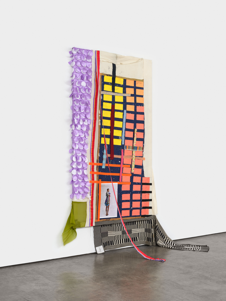 Eric N. Mack  Cut the Cameras, 2022  muslin, wool, polyester, silk, packing blanket, index cards, denim, wool scarf, pins, printed photograph, and ribbon  stretcher: 85 x 48 in. (215.9 x 121.9 cm)