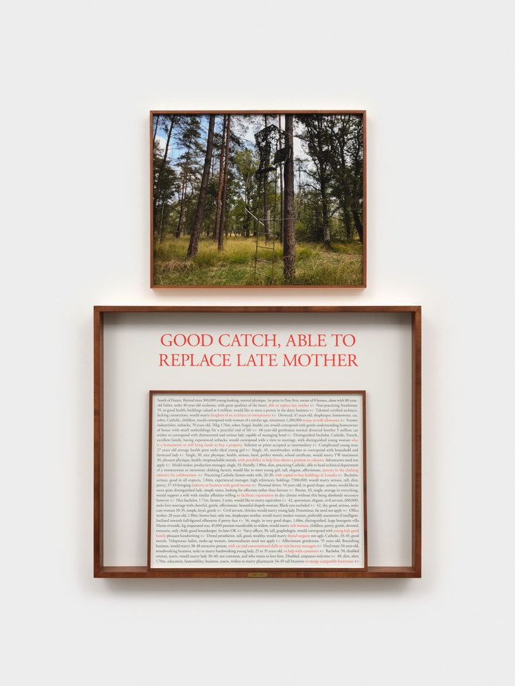 Sophie Calle  On the Hunt, Men Seeking Women 1950–1960 (Good Catch, Able to Replace Late Mother), 2024  one text panel and two photographs (color, black and white) in a double-sided frame  text panel (outer frame): 26 3/8 x 31 7/8 in. (67 x 81 cm)  text panel (inner element): 17 3/4 x 21 5/8 in. (45 x 55 cm)  photograph, framed: 17 3/4 x 21 5/8 in. (45 x 55 cm)  Edition 1 of 3 (English), 1 AP