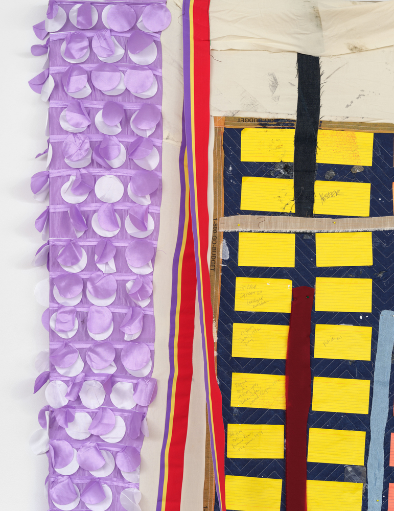 Eric N. Mack  Cut the Cameras, 2022  muslin, wool, polyester, silk, packing blanket, index cards, denim, wool scarf, pins, printed photograph, and ribbon  stretcher: 85 x 48 in. (215.9 x 121.9 cm)