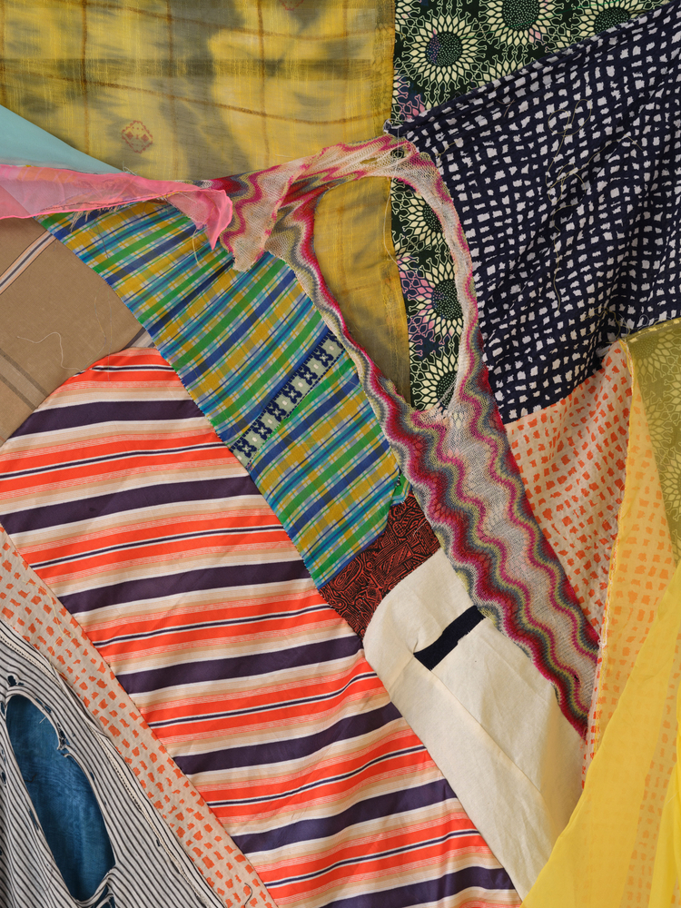 Eric N. Mack
If I Knew Then (What I Know Now), 2024
silk, polyester, acrylic scarves, dyed cotton scarf, missoni knit, American Apparel shirt, and corset boning on aluminum stretcher bar
stretcher: 60 x 49 in. (152.4 x 124.5 cm)

overall: 80.5 x 54 x 14.5 in. (204.5 x 137.2 x 36.8 cm)